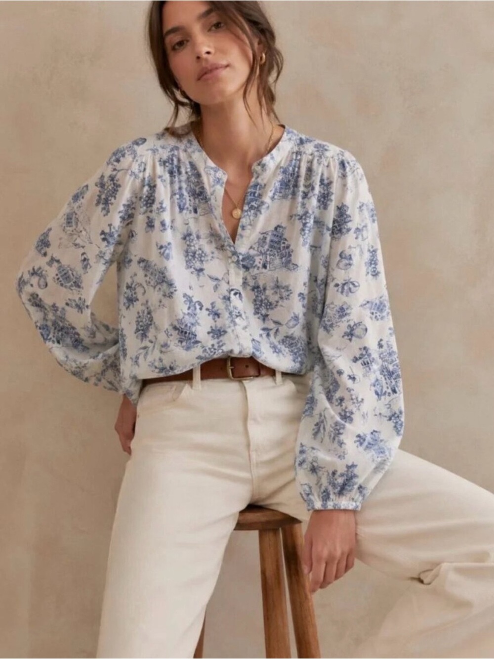 Lucky Brand Cottagecore Toile Pattern Floral Balloon Sleeve Button Up Shirt Med